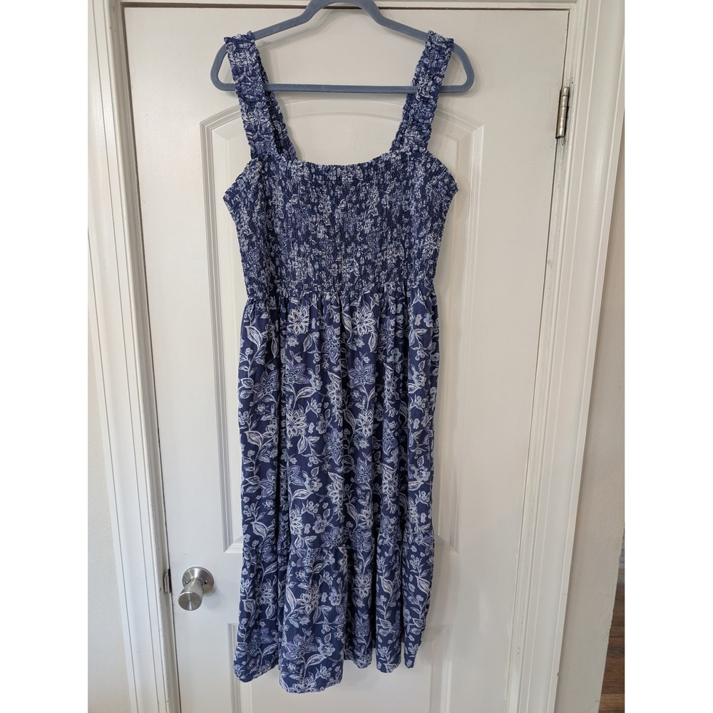 Beachlunchlounge Blue Floral Smocked Midi Dress Pockets XL flowy tiered Coastal